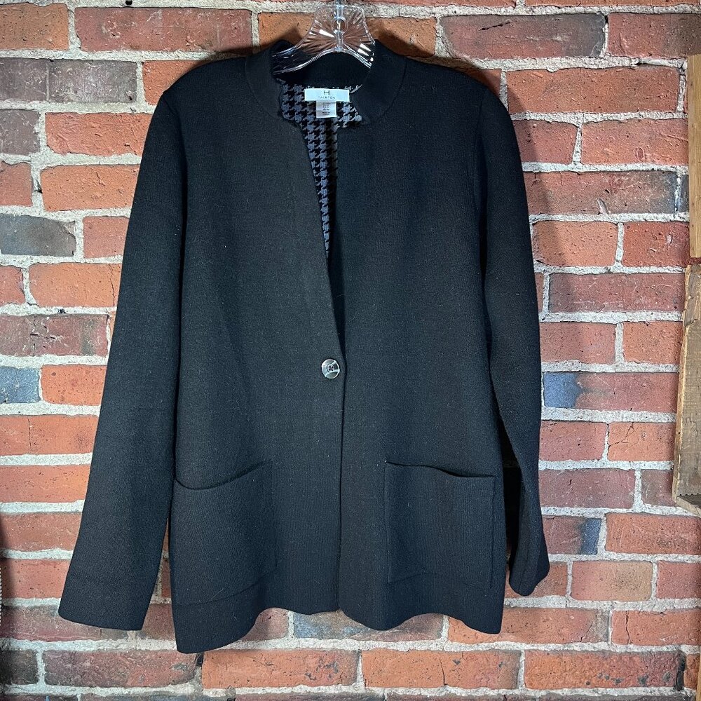 H by Halston Black Cardigan Sweater Jacket Houndstooth Lining Size M
